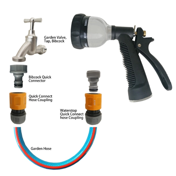 Metal 8-Pattern Garden Hose Nozzle with Rear-Trigger Control